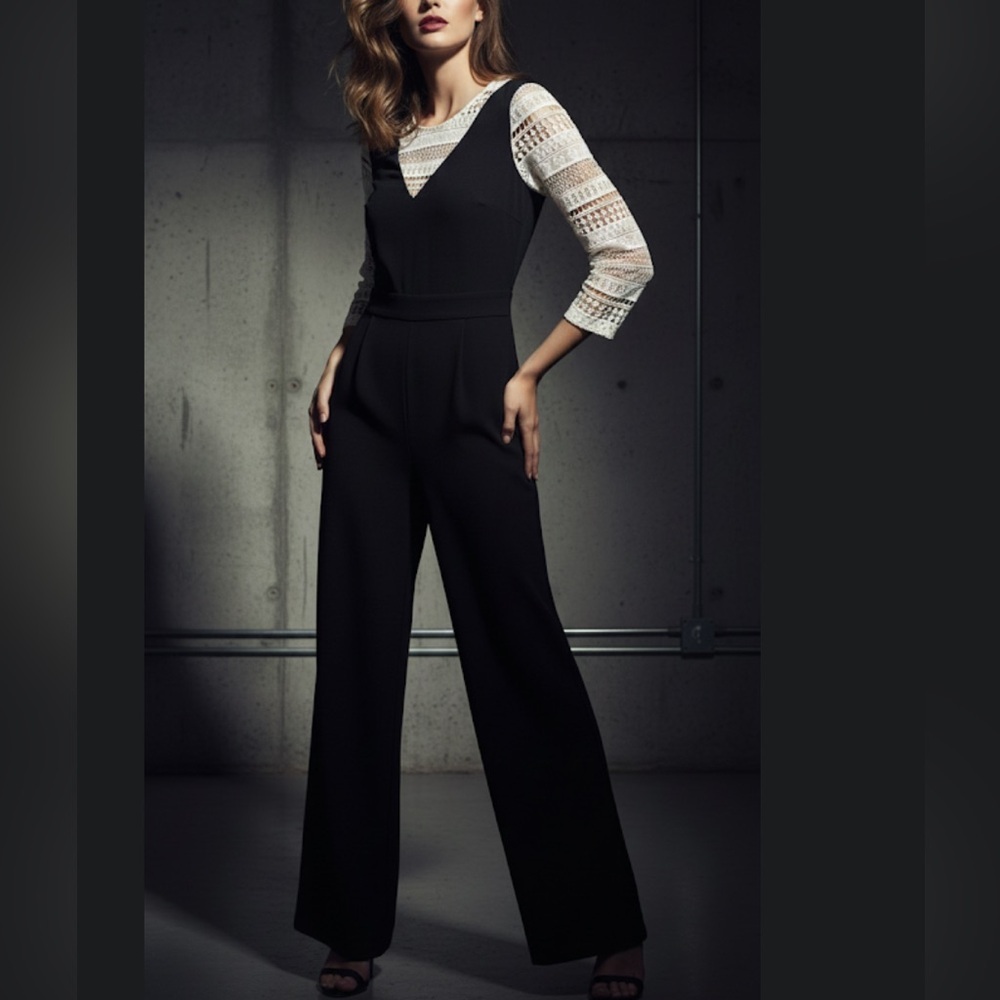 Cece Black & Cream Crochet Lace Jumpsuit